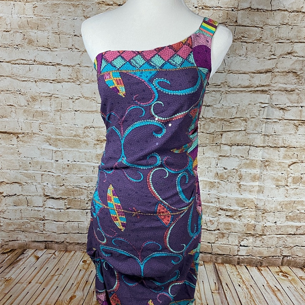 Nicole Miller Signature One Shoulder Ruched Zipper Mini Dress Multi Color XS 2